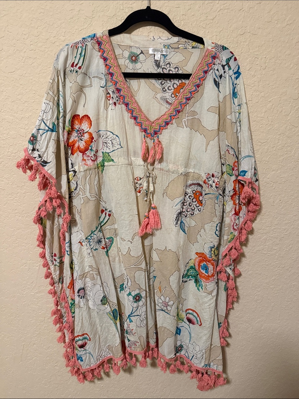 Floral Tassel Swim Coverup - Cream with Coral Trim